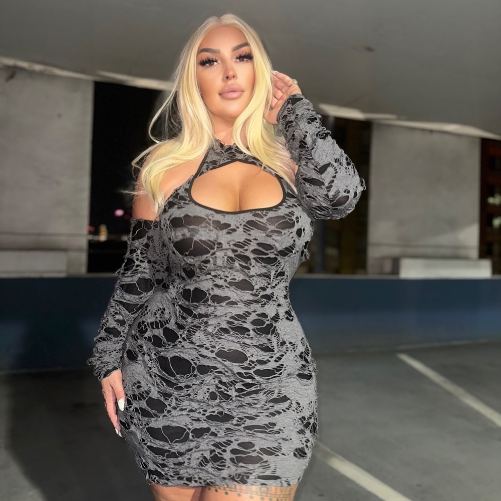 Shein Distressed Grey and black distressed dress with sleeves